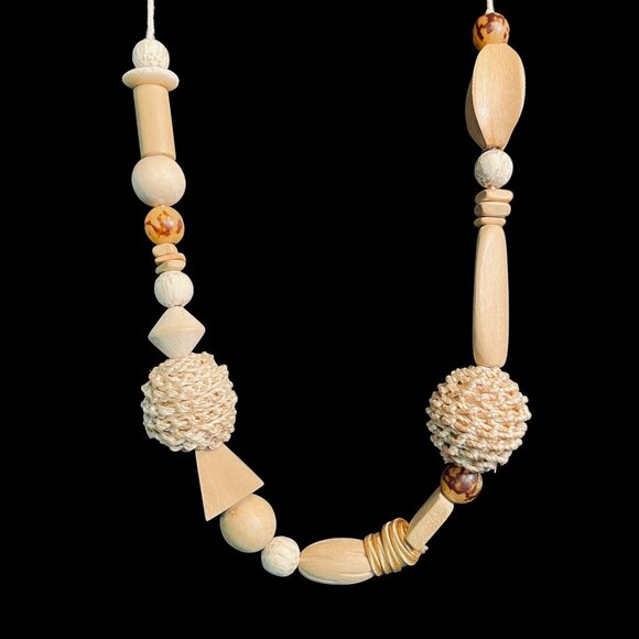 Boho Natural Wood Bead Necklace Earrings Set Chunky Statement Artisan Jewelry - Picture 4 of 10